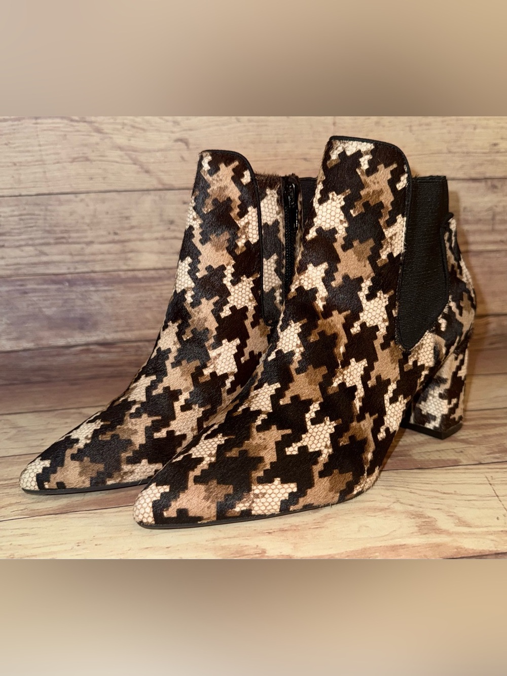 Preston & York Black, Brown & Cream Houndstooth Ankle Booties